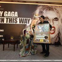 Lady Gaga attends a press conference at the Taj Mansingh Hotel